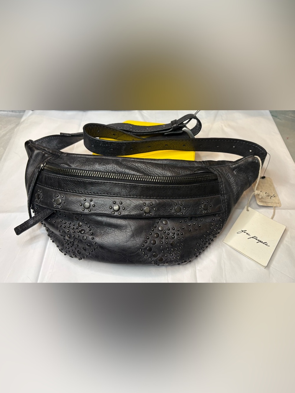 Free People Ana Black Studded Zip Belt Bag Fanny Pack Adjustable Strap Silver